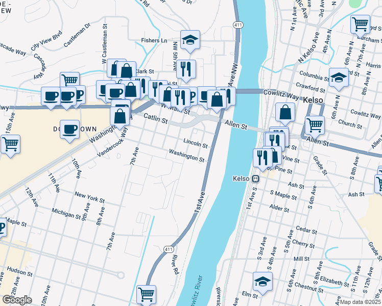 map of restaurants, bars, coffee shops, grocery stores, and more near 1946 3rd Avenue in Longview