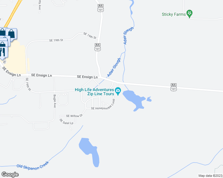 map of restaurants, bars, coffee shops, grocery stores, and more near 1621 Southeast Honeysuckle Loop in Warrenton