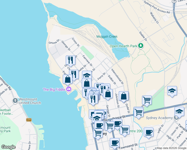 map of restaurants, bars, coffee shops, grocery stores, and more near 104 York Street in Sydney