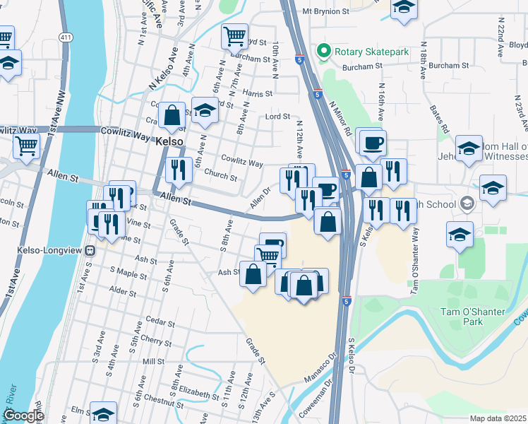 map of restaurants, bars, coffee shops, grocery stores, and more near 108 Union Way in Kelso