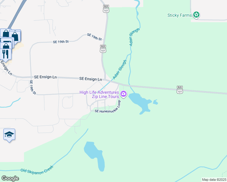 map of restaurants, bars, coffee shops, grocery stores, and more near 1621 Southeast Honeysuckle Loop in Warrenton