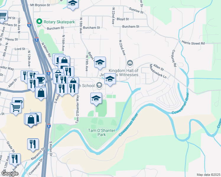 map of restaurants, bars, coffee shops, grocery stores, and more near 2000 Allen Street in Kelso