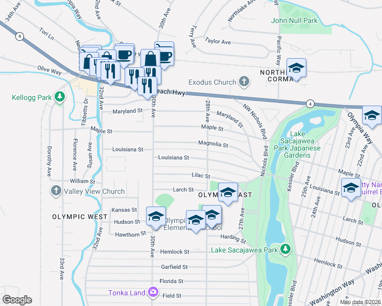 map of restaurants, bars, coffee shops, grocery stores, and more near 2832 Louisiana Street in Longview