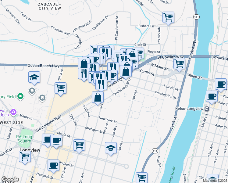 map of restaurants, bars, coffee shops, grocery stores, and more near 849 Washington Way in Longview