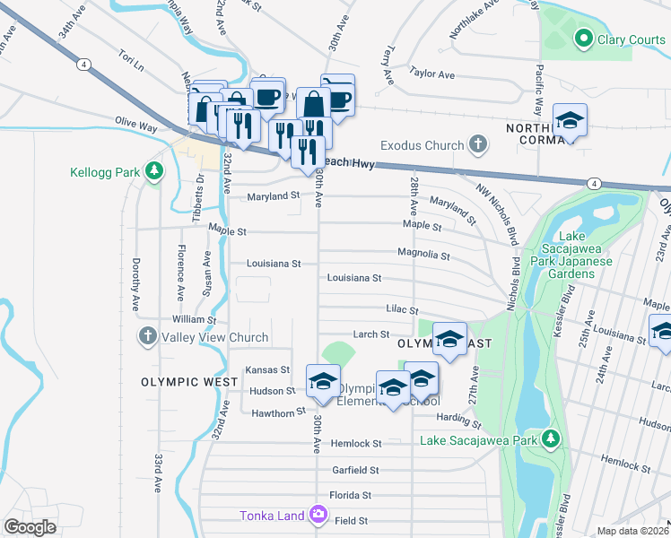 map of restaurants, bars, coffee shops, grocery stores, and more near 2932 Magnolia Street in Longview