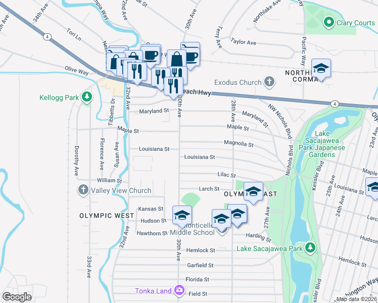 map of restaurants, bars, coffee shops, grocery stores, and more near 2932 Magnolia Street in Longview
