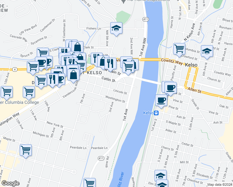map of restaurants, bars, coffee shops, grocery stores, and more near 302 Southwest 3rd Avenue in Kelso