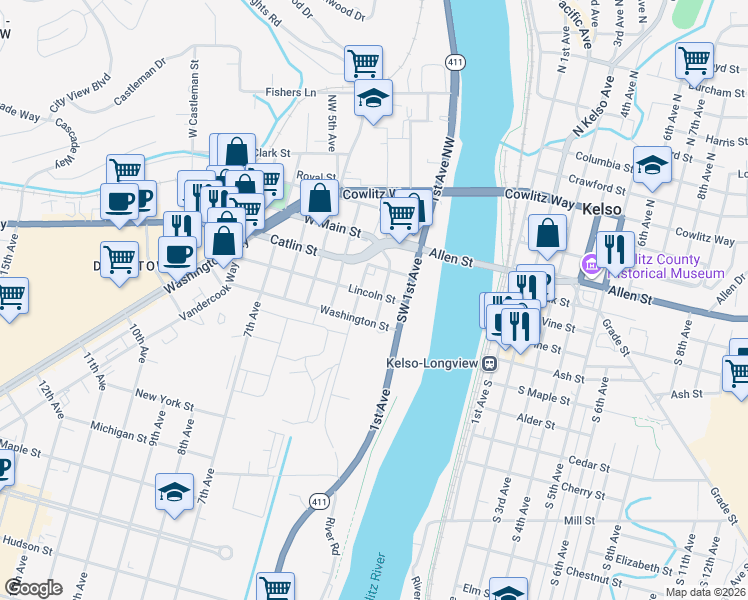 map of restaurants, bars, coffee shops, grocery stores, and more near 301 2nd Avenue Southwest in Kelso