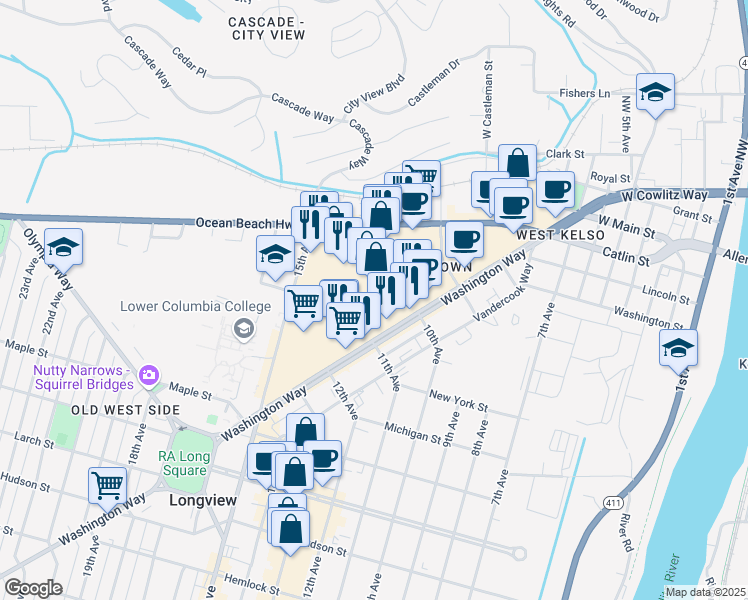 map of restaurants, bars, coffee shops, grocery stores, and more near 689 Triangle Shopping Center in Longview