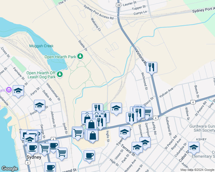 map of restaurants, bars, coffee shops, grocery stores, and more near 39 Stable Drive in Sydney