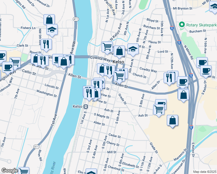 map of restaurants, bars, coffee shops, grocery stores, and more near 312 Allen Street in Kelso
