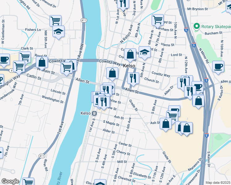 map of restaurants, bars, coffee shops, grocery stores, and more near 312 Allen Street in Kelso