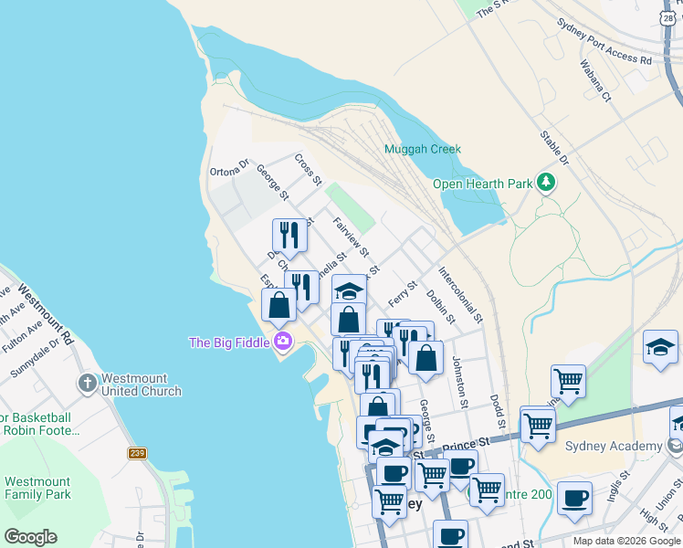 map of restaurants, bars, coffee shops, grocery stores, and more near 122 George Street in Sydney