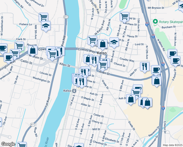 map of restaurants, bars, coffee shops, grocery stores, and more near 110 South 3rd Avenue in Kelso