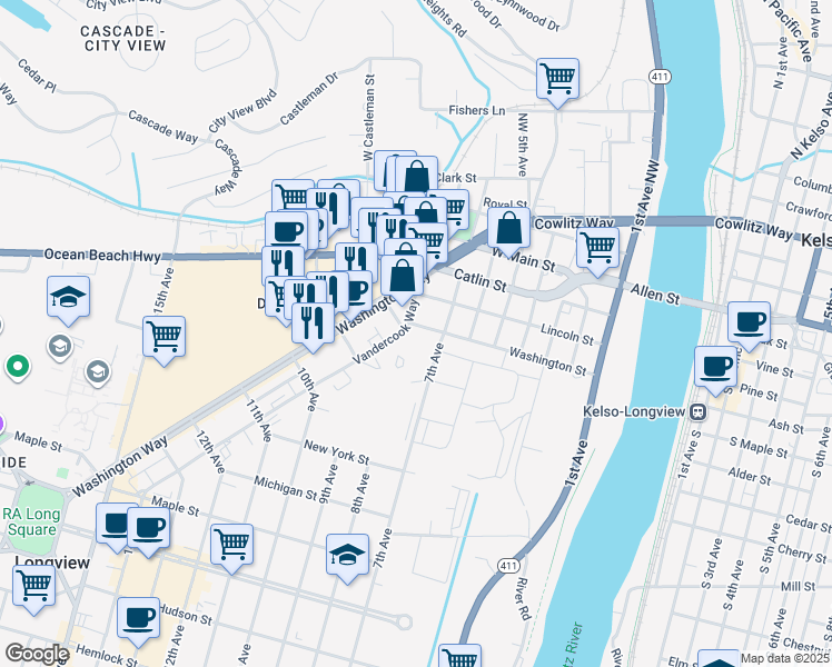 map of restaurants, bars, coffee shops, grocery stores, and more near 705 Washington Street in Kelso