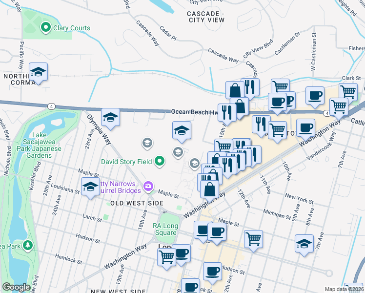map of restaurants, bars, coffee shops, grocery stores, and more near 1602 Mark Morris Court in Longview