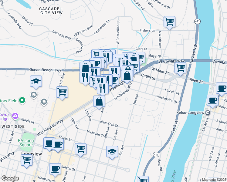map of restaurants, bars, coffee shops, grocery stores, and more near 849 Washington Way in Longview