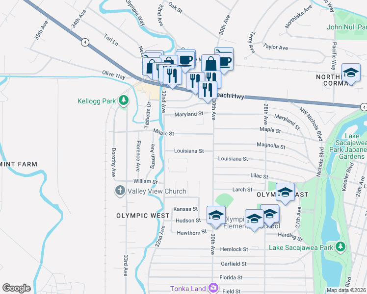 map of restaurants, bars, coffee shops, grocery stores, and more near 3124 Louisiana Street in Longview