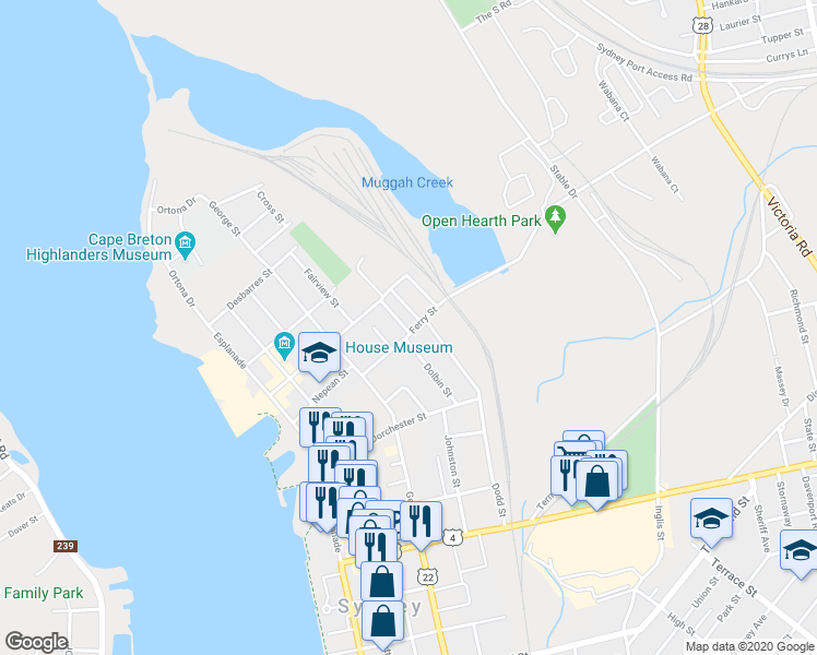 map of restaurants, bars, coffee shops, grocery stores, and more near 59 Ferry Street in Sydney