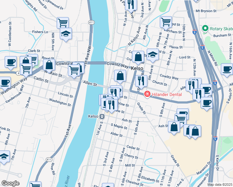 map of restaurants, bars, coffee shops, grocery stores, and more near in Kelso