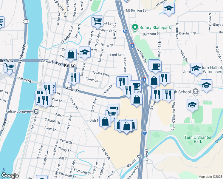 map of restaurants, bars, coffee shops, grocery stores, and more near 108 Union Way in Kelso