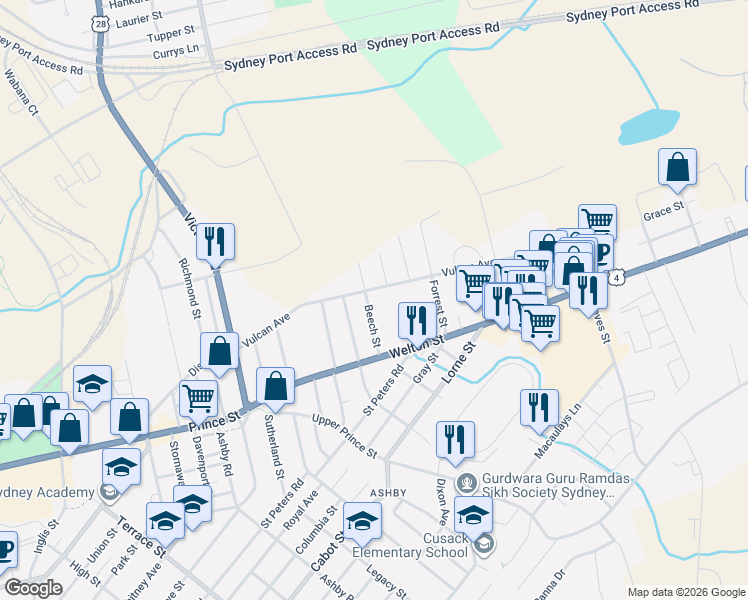 map of restaurants, bars, coffee shops, grocery stores, and more near 166 Vulcan Avenue in Sydney