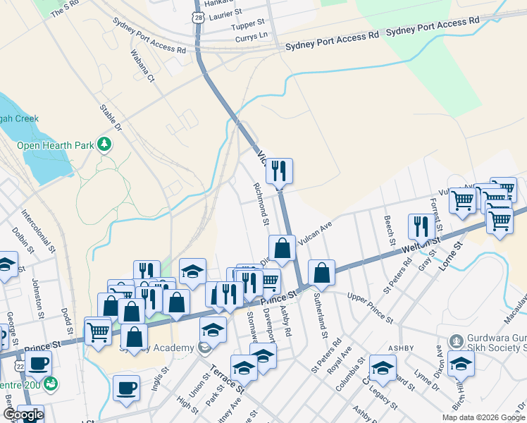 map of restaurants, bars, coffee shops, grocery stores, and more near Richmond Street in Sydney