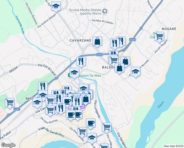 map of restaurants, bars, coffee shops, grocery stores, and more near 10 Via Vittorio Veneto in Belluno