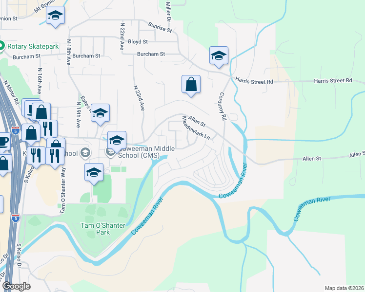map of restaurants, bars, coffee shops, grocery stores, and more near 2415 Mockingbird Ln in Kelso
