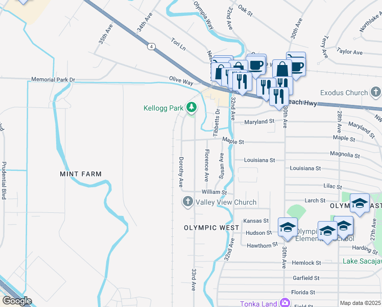 map of restaurants, bars, coffee shops, grocery stores, and more near 1809 33rd Avenue in Longview