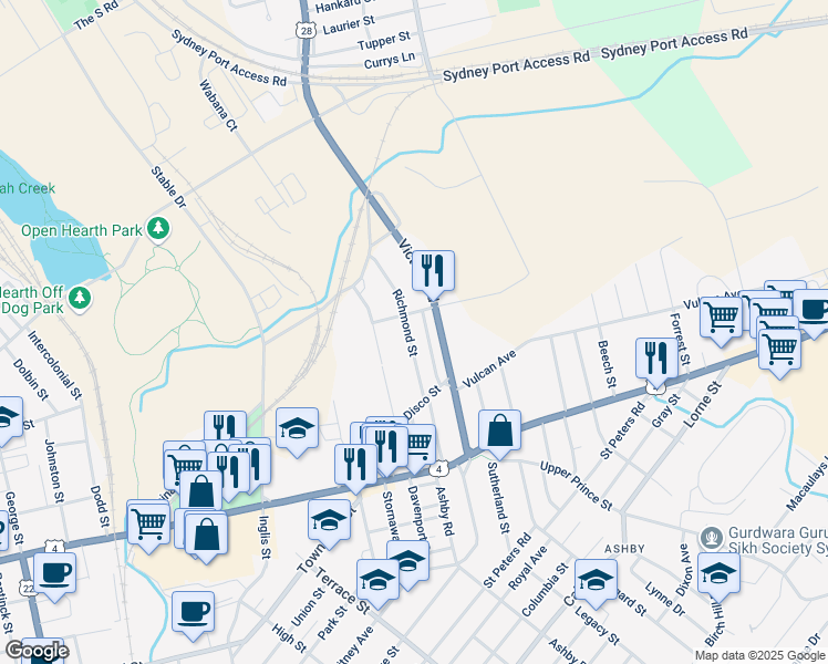 map of restaurants, bars, coffee shops, grocery stores, and more near 66 Richmond Street in Sydney