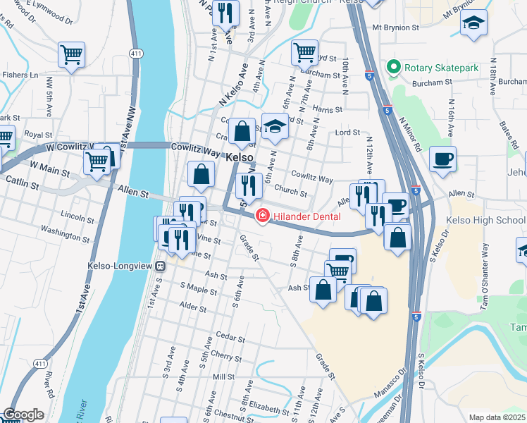 map of restaurants, bars, coffee shops, grocery stores, and more near 102 6th Avenue North in Kelso