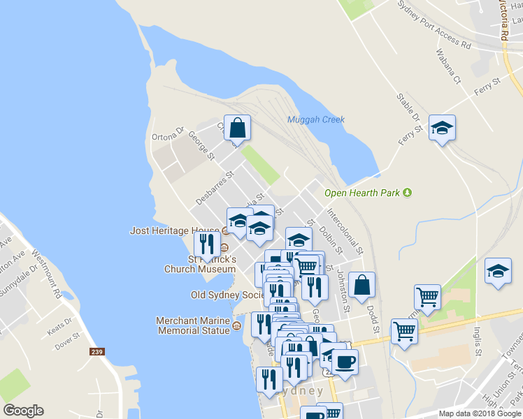 map of restaurants, bars, coffee shops, grocery stores, and more near 123 George Street in Sydney