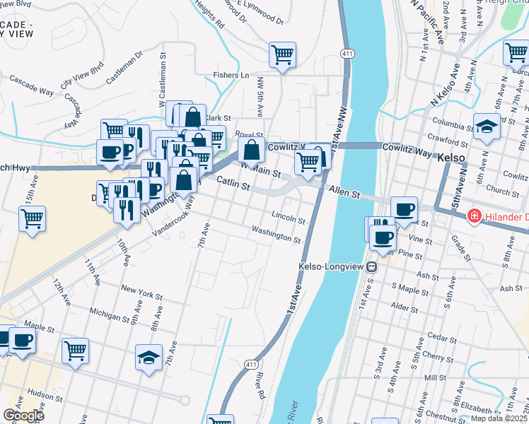 map of restaurants, bars, coffee shops, grocery stores, and more near 400 Lincoln Street in Kelso