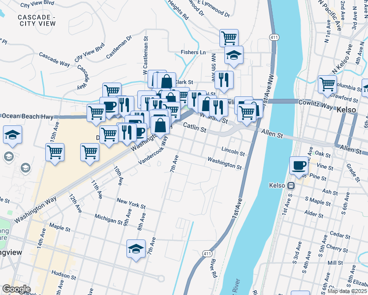 map of restaurants, bars, coffee shops, grocery stores, and more near 305 Southwest 6th Avenue in Kelso