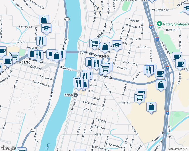 map of restaurants, bars, coffee shops, grocery stores, and more near 312 Allen Street in Kelso