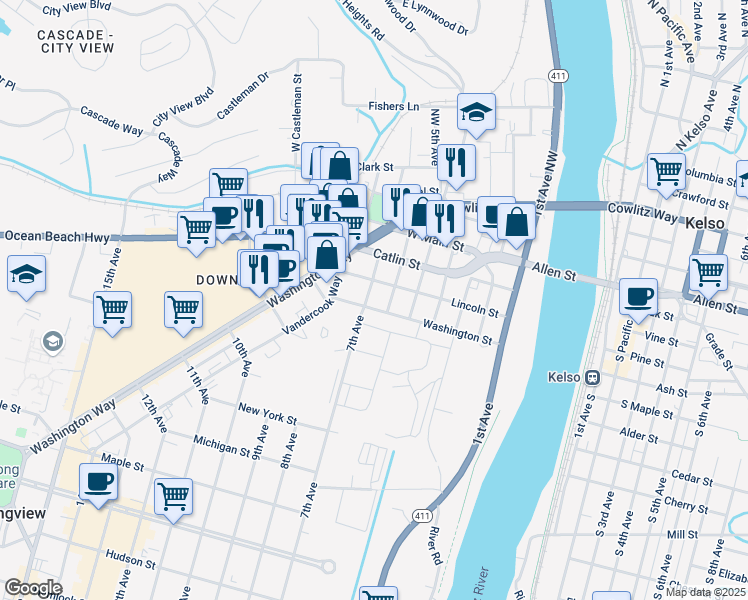 map of restaurants, bars, coffee shops, grocery stores, and more near 306 Southwest 7th Avenue in Kelso