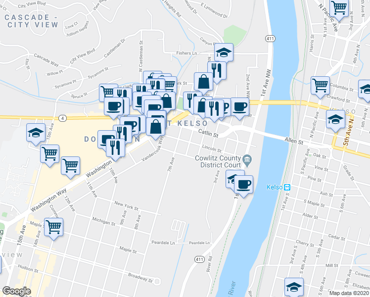 map of restaurants, bars, coffee shops, grocery stores, and more near 305 Southwest 6th Avenue in Kelso
