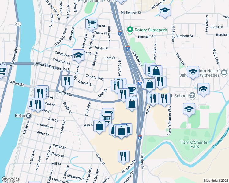 map of restaurants, bars, coffee shops, grocery stores, and more near 1015 Allen Street in Kelso