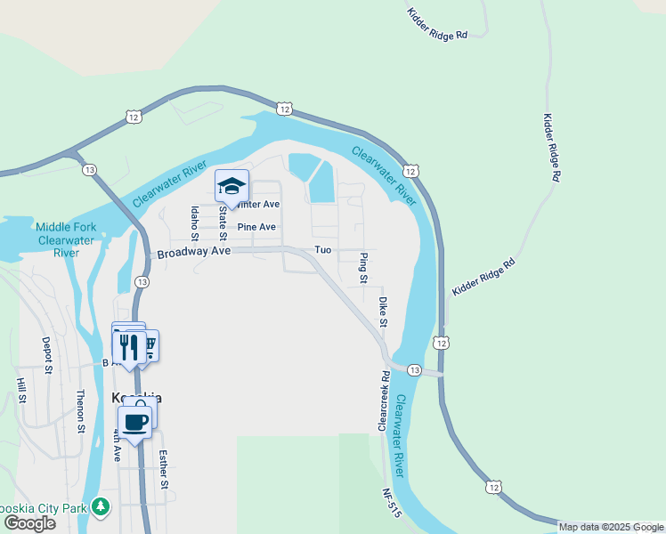 map of restaurants, bars, coffee shops, grocery stores, and more near 618 Business 12 in Kooskia