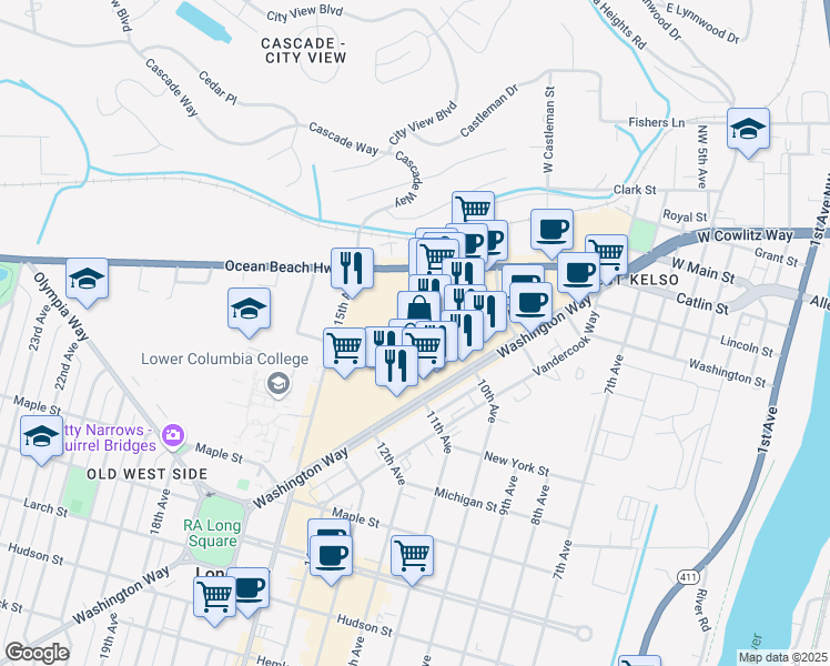 map of restaurants, bars, coffee shops, grocery stores, and more near 689 Triangle Shopping Center in Longview