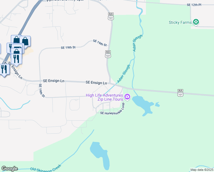 map of restaurants, bars, coffee shops, grocery stores, and more near 1487 Southeast Ensign Lane in Warrenton