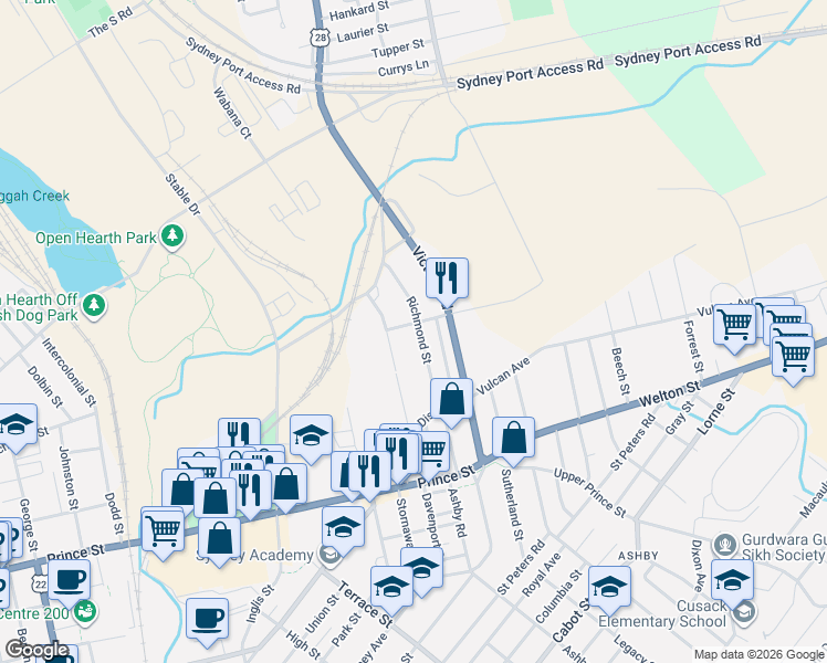 map of restaurants, bars, coffee shops, grocery stores, and more near 71 Richmond Street in Sydney