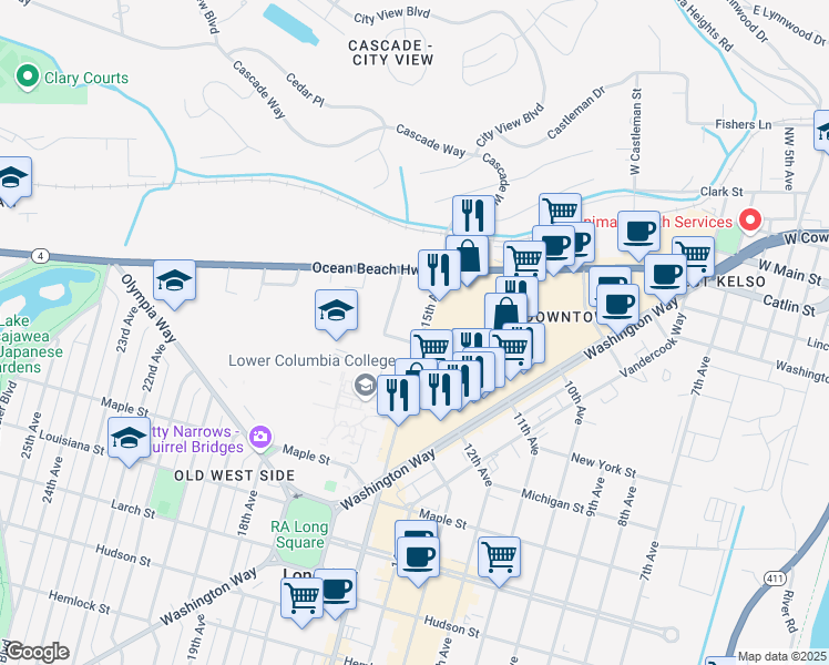 map of restaurants, bars, coffee shops, grocery stores, and more near 1811 15th Avenue in Longview