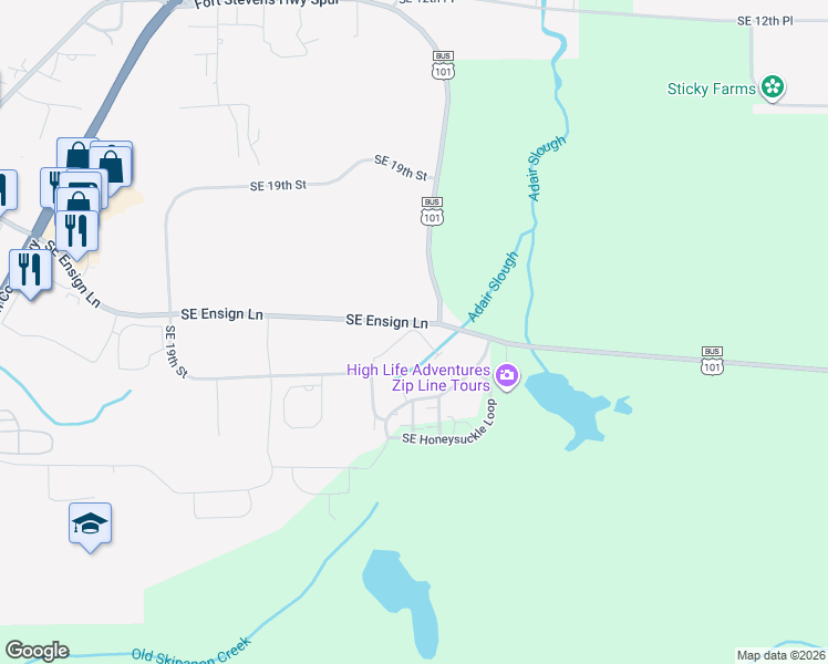 map of restaurants, bars, coffee shops, grocery stores, and more near 1484 Southeast Snowberry Lane in Warrenton