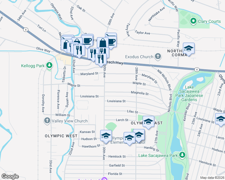 map of restaurants, bars, coffee shops, grocery stores, and more near 2932 Magnolia Street in Longview