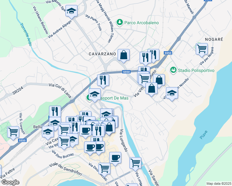 map of restaurants, bars, coffee shops, grocery stores, and more near 10 Via Vittorio Veneto in Belluno