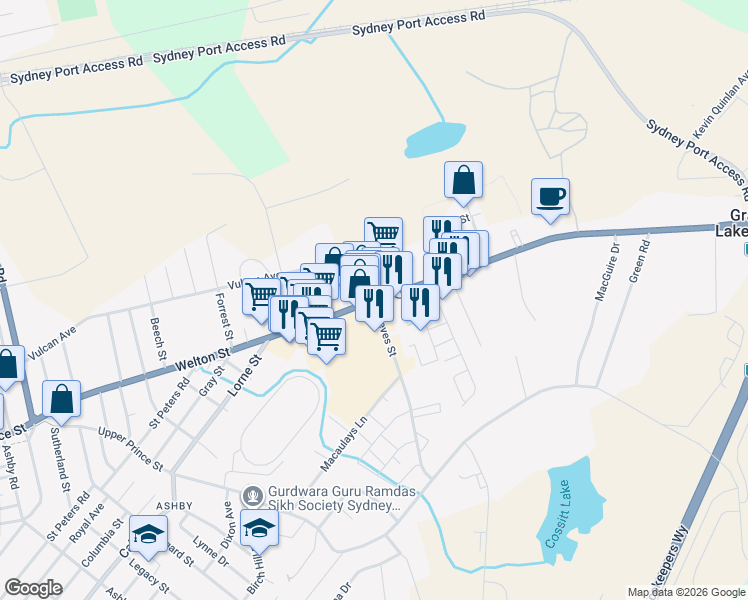 map of restaurants, bars, coffee shops, grocery stores, and more near Grand Lake Road in Sydney