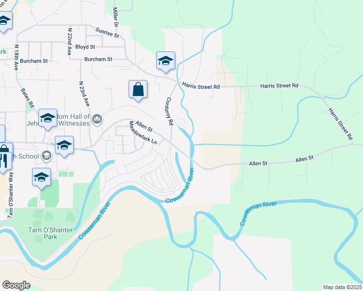 map of restaurants, bars, coffee shops, grocery stores, and more near 2623 Abbotsford Loop in Kelso