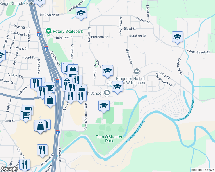 map of restaurants, bars, coffee shops, grocery stores, and more near 2000 Allen Street in Kelso